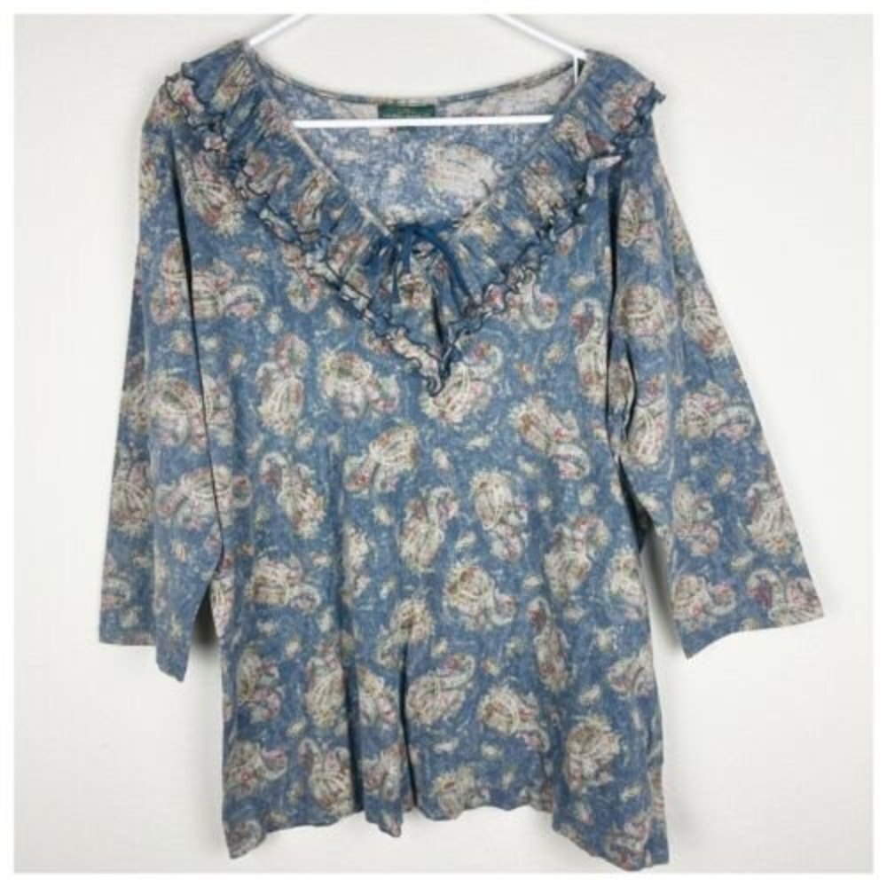 Lauren Ralph Lauren Jeans Co. Blue paisley Teal Blouse shirt Size 2X Ruffle Neck